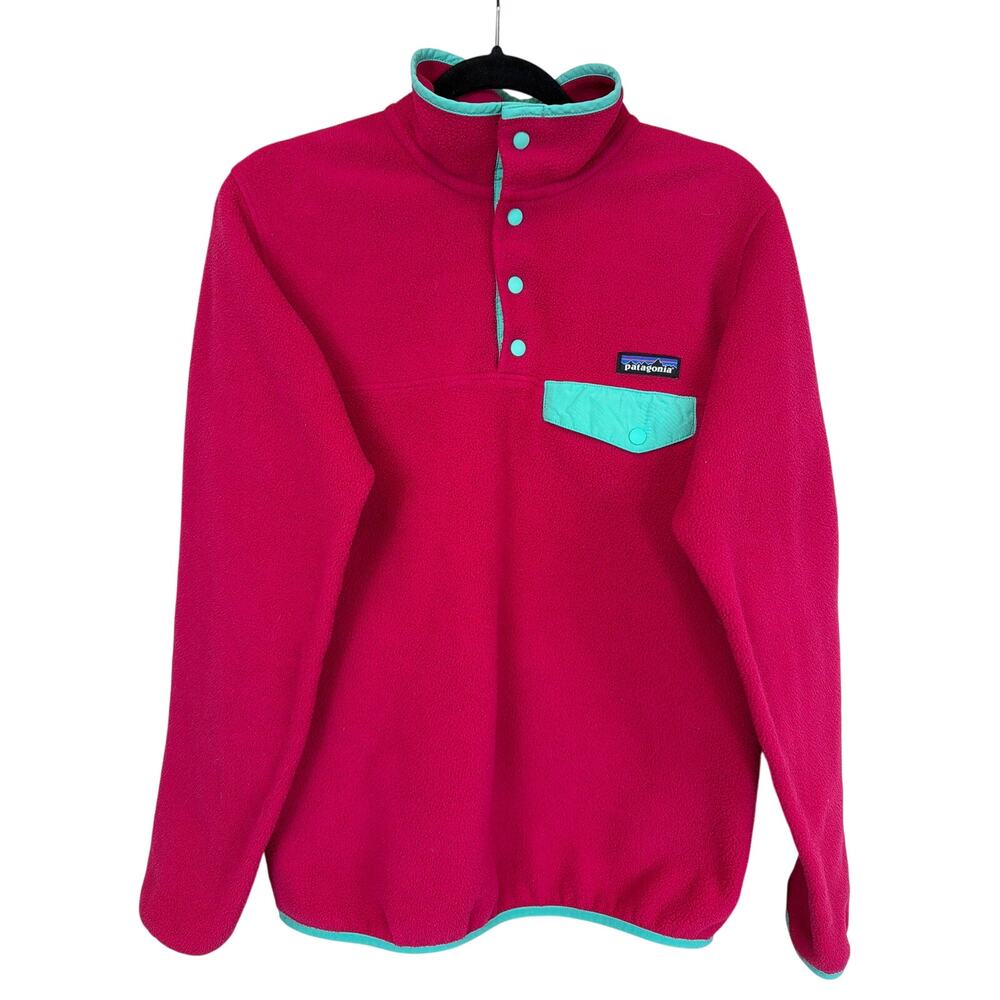 Patagonia Pink Turquoise Trim Synchilla Snap T Fleece Pullover Medium Womens